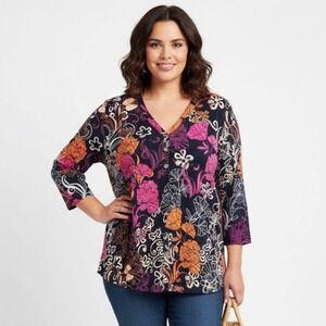 Chicos XXL Floral Print Button‎ V-Neck 3/4 Sleeve Blouse Top Navy Pink Orange